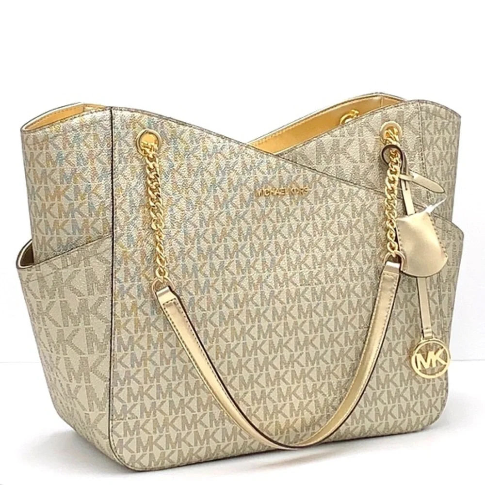 MICHAEL KORS LARGE X CHAIN SHOULDER TOTE BAG PALE GOLD COLOR